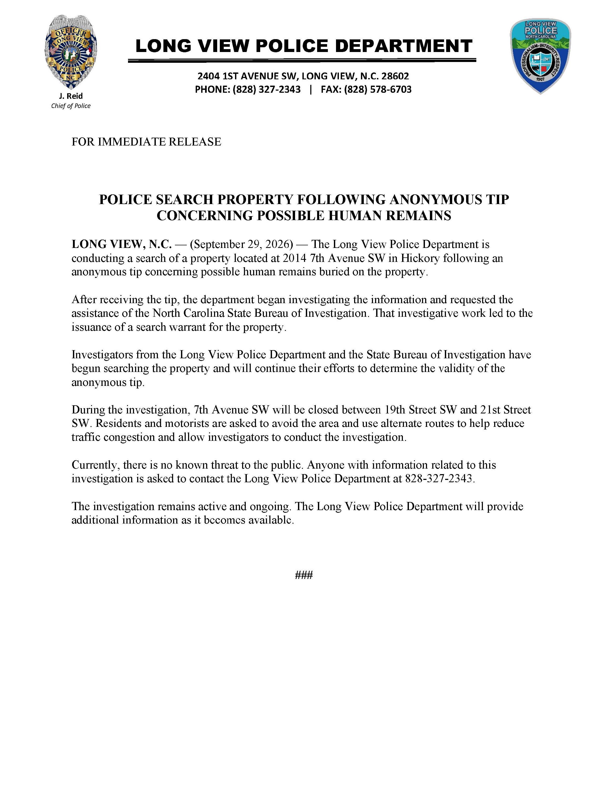 Long View PD Press Release 2014 7th Ave SW